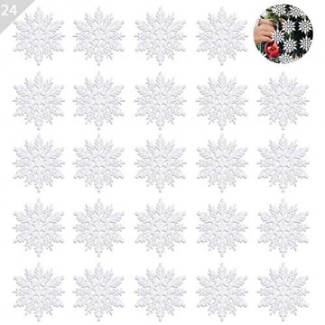 ASANMU Weihnachten Schneeflocken, 24 Stück Glitter Schneeflocken Deko Plastik Aufhängen Weihnachtsbaum Hängende Ornamente Schneeflocke Weihnachtsbaumschmuck Weihnachtsdeko Fensterdeko (Weiß, 7.5 cm) - 1