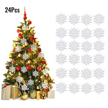 ASANMU Weihnachten Schneeflocken, 24 Stück Glitter Schneeflocken Deko Plastik Aufhängen Weihnachtsbaum Hängende Ornamente Schneeflocke Weihnachtsbaumschmuck Weihnachtsdeko Fensterdeko (Weiß, 7.5 cm) - 7