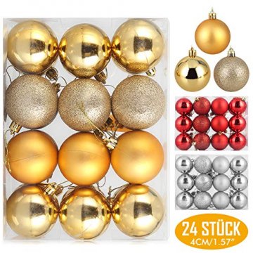 Baumkugeln 24 Stück 4cm Christbaumkugeln Weihnachtskugeln, Weihnachtsdekorationen Baumschmuck für Christmasbaum Weinachtsbaum Tannenbaum, für Weihnachten, Hochzeit, Jubiläum, Party, Feier usw. (gold) - 1