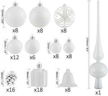 Brubaker 101-teiliges Set Weihnachtskugeln mit Baumspitze Weiß Grau Christbaumschmuck - 2