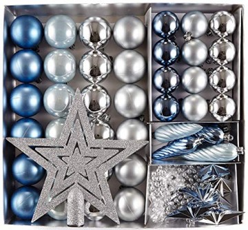 HEITMANN DECO 50er Set Christbaumkugeln Christbaumschmuck mit Stern Spitze - Kunststoff Weihnachtsschmuck Blau Silber zum Aufhängen - 1