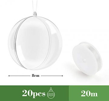 ilauke 20 stück Christbaumkugeln Weihnachtskugeln Acrylkugeln Transparent Set mit Federn- Perlenfaden- Schneeflocken, für Saisonal Deko, Hochzeit, Bemahlung, Weihnachtsbaumschmuck, Party (80mm) - 2