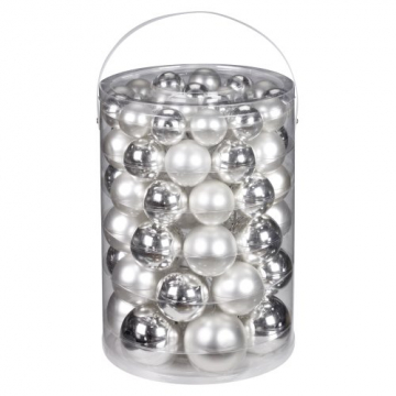 Inge-glas 12000A460MO Kugelsortiment 60 Stück/Vorteilsdose, 18×4 / 20×5 / 16×6 /  6×7 cm, silber glanz / weiß matt - 