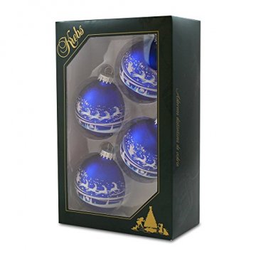 Krebs Glas Lauscha - Set mit 4 Christbaumkugeln in Blau und Weiß - Santa über Dorf - Größe ca. 7 cm - 2