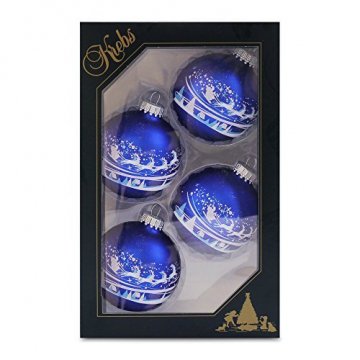 Krebs Glas Lauscha - Set mit 4 Christbaumkugeln in Blau und Weiß - Santa über Dorf - Größe ca. 7 cm - 1
