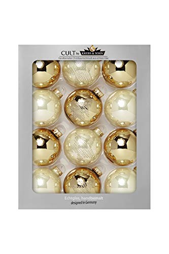 KREBS & SOHN 12er Set Glaskugeln - Weihnachtsbaumschmuck zum Aufhängen - Christbaumkugeln Sortiment - Gold Elfenbein - 1