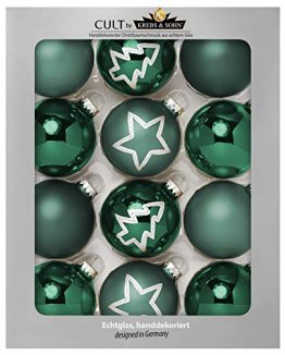 KREBS & SOHN Set Weihnachtskugeln aus Glas 8 cm - Christbaumschmuck Christbaumkugeln Weihnachtsdeko - 12-teilig, Grün, Sterne - 1