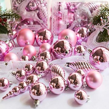 LTSWEET 60 Teile/Satz Weihnachtskugel Kunststoff Christbaumkugeln Weihnachtsbaumschmuck Anhänger Geschenkpaket für Urlaub Haushalt Party Dekoration,Rosa - 2