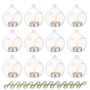 Nuptio 12 Stücke Hängen Glaskugel Teelicht Kerzenhalter Paket Aktualisiert Hause Hochzeit Mittelstücke Decor Indoor & Outdoor Teelicht Kerzenhalter (10 Stücke + 2 Stücke, mit 2 Löchern) - 1