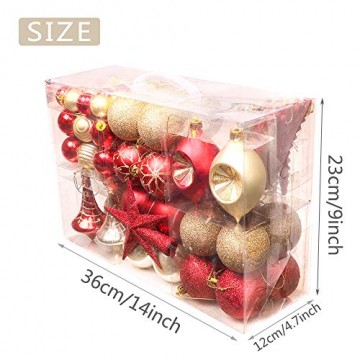 Valery Madelyn Weihnachtskugeln 100 TLG 3-13cm Kunststoff Christbaumkugeln zur Weihnachtsdekoration mit Weihnachtsbaumspitze und Aufhänger Weihnachtsdeko Thema Rot Gold MEHRWEG Verpackung - 2