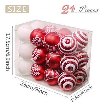 Valery Madelyn Weihnachtskugeln 24 Stücke 6CM Kunststoff Christbaumkugeln Weihnachtsdeko mit Aufhänger Weihnachtsbaumschmuck Set Weihnachtsdekoration Traditionelles Thema Rot Weiß MEHRWEG Verpackung - 2