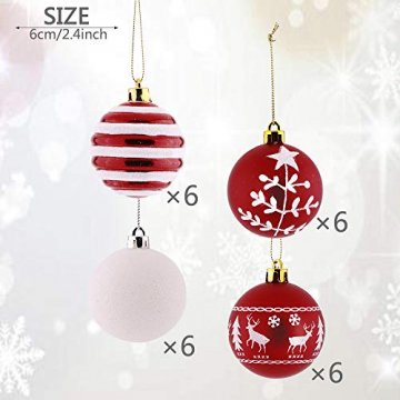 Valery Madelyn Weihnachtskugeln 24 Stücke 6CM Kunststoff Christbaumkugeln Weihnachtsdeko mit Aufhänger Weihnachtsbaumschmuck Set Weihnachtsdekoration Traditionelles Thema Rot Weiß MEHRWEG Verpackung - 3