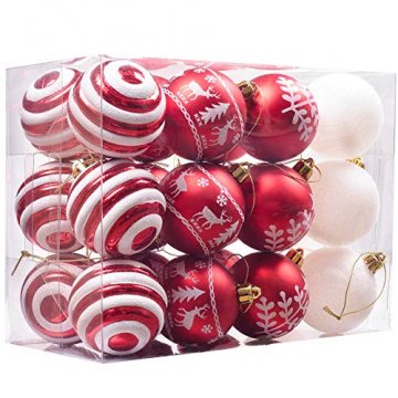 Valery Madelyn Weihnachtskugeln 24 Stücke 6CM Kunststoff Christbaumkugeln Weihnachtsdeko mit Aufhänger Weihnachtsbaumschmuck Set Weihnachtsdekoration Traditionelles Thema Rot Weiß MEHRWEG Verpackung - 1