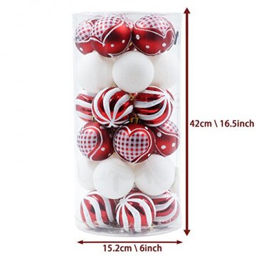 Valery Madelyn Weihnachtskugeln 30tlg 6cm Bruchsicher Plastik Christbaumkugeln Weihnachtsdeko mit Aufhänger Weihnachtsbaumschmuck Weihnachtsdekoration Traditionelles Thema Rot Weiß MEHRWEG Verpackung - 2