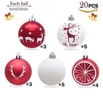 Victor's Workshop Weihnachtskugeln 20tlg.6cm Christbaumkugeln Weihnachtsbaumschmuck Plastik Weihnachten Deko mit Anhänger für Party Weihnachtsdeko Oh Hirsch Thema Rot Weiss MEHRWEGVERPACKUNG - 3