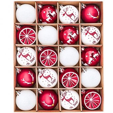 Victor's Workshop Weihnachtskugeln 20tlg.6cm Christbaumkugeln Weihnachtsbaumschmuck Plastik Weihnachten Deko mit Anhänger für Party Weihnachtsdeko Oh Hirsch Thema Rot Weiss MEHRWEGVERPACKUNG - 1
