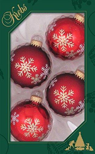 Weihnachtskugeln Christbaumkugeln 4er Pack Kugeln rot mit Schneesternen mundgeblasener Baumschmuck aus Glas mit Ø ca. 6,5 cm - 