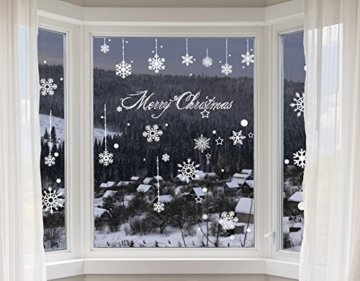 100er Set Schneeflocken Weihnachtsdeko Fenster Bilder – Statisch Haftende PVC Aufkleber Als Fensterdeko Mit Schneekristallen Und Weihnachten Schneesternen – Wiederverwendbar Mit 50mm Durchmesser - 1