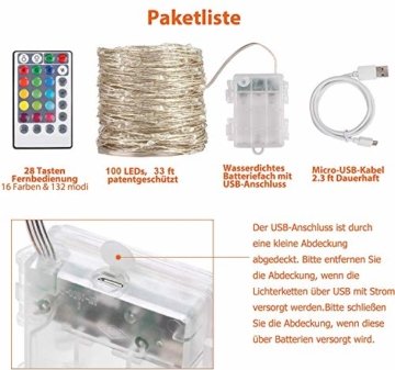 10M 100er Bunt Lichterkette Batterie & USB, 132 Modi 16 Farben LED Lichterkette Außen, Kupferdraht Lichterkette Dimmbar Wasserdicht IP65 mit Fernbedienung für Garten, St. Patrick's Day,Geburtstag Deko - 2