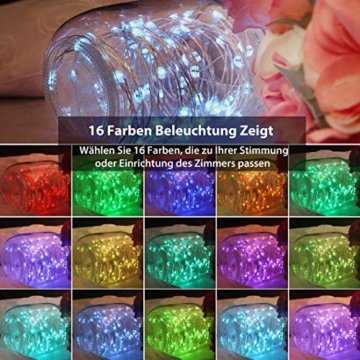 10M 100er Bunt Lichterkette Batterie & USB, 132 Modi 16 Farben LED Lichterkette Außen, Kupferdraht Lichterkette Dimmbar Wasserdicht IP65 mit Fernbedienung für Garten, St. Patrick's Day,Geburtstag Deko - 4