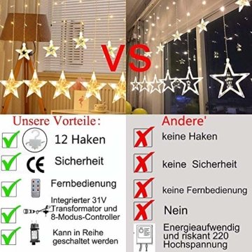 12 Sterne LED Lichtervorhang Lichterkette für Innen/Außen, 2.2x1M Afufu 108LED Sternenvorhang Warmweiß, wasserdicht nach IP65, Fernbedienung mit 8 Leuchtmodi, Weihnachtsdeko für Fenster Garten Zimmer - 5