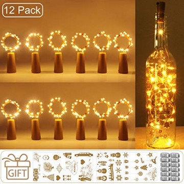 (12 Stück) Flaschenlicht Batterie, kolpop 2m 20 LED Glas Korken Licht Kupferdraht Lichterkette für flasche für Party, Garten, Weihnachten, Halloween, Hochzeit, außen/innen Beleuchtung Deko (Warmweiß) - 1