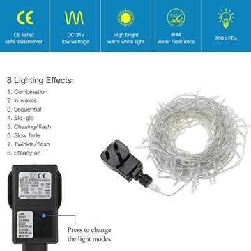 200 LED Lichterkette, Tomshine 23M Lange Lichterkette Steckdose für Innen und Außen, Strombetrieben mit EU Stecker, IP44 Wasserdicht, 8 Modi Dimmbar, Warmweiß Lichterkette für Party, Beleuchtungdeko - 9