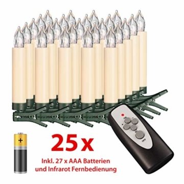 25-er Set LED Weihnachtsbaumkerzen ✔ kabellos ✔ Timer ✔ Dimmfunktion ✔ Flacker-Modus ✔ GS geprüft ✔ inkl. Batterien ✔ Weihnachtsbeleuchtung für Innen & geschützten Außenbereich (25er Creme/Elfenbein) - 1