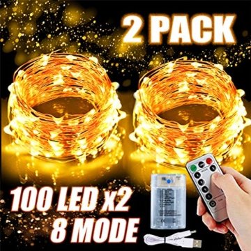 2x 100 Led Lichterkette Weihnachtsbaum Batterie TBoonor Lichterketten für Zimmer, 20M Wasserdicht Kupferdraht Lichterkette mit 8 Modi Fernbedienung & Timer für Party, Außen (Warm weiß - 100Led*2) - 1