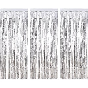 3 Packung Metallic Tinsel Vorhänge, Folie Fringe Shimmer Vorhang Tür Fenster Dekoration für Geburtstag Hochzeit (Silber) - 1