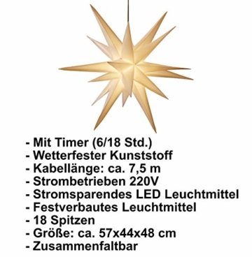 3D Leuchtstern / mit warm-weißer LED Beleuchtung / für Innen und Außen geeignet / hängend / 7,5 m Zuleitung / ca. 57x44x48 cm (Weiß) - 5