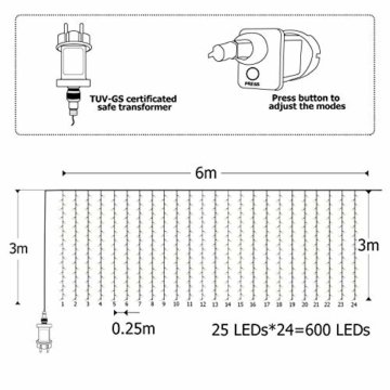 600 LEDs Lichterkette 6m * 3m IDESION 8 Betriebsarten LED Lichtervorhang für Innenausstattung Außenbereich Schlafzimmer Hochzeit Weihnachten Party (Warmweiß) - 4