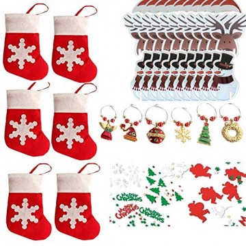 COSORO Weihnachten Tischdeko Kits-30 Fun Weihnachten Glas Dekorationen,6 Xmas Socken Bestecktasche Besteckhalter Taschen,6 Weinglas Charms Marker,1 Pack Xmas Confetti - 1