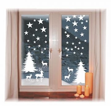 das-label Wiederverwendbare winterliche Fensterbilder weiß Winterwald mit Sterne Weihnachten Fensterdeko ohne transparenten Hintergrund (Winterwald) - 