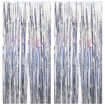 Disino 2 STK Silber Folie Fransen Vorhang, 1 x 2 m Laser Metallic Tinsel Vorhänge Hintergrund Lametta Vorhänge, Glitzer Fringe Schimmer Vorhang für Hochzeit Geburtstag Party Tür Fenster Dekorationen - 1