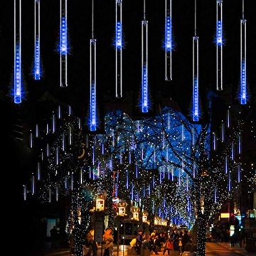 EEIEER 192 mini LED Eiszapfen Lichterkette sternschnuppe Licht für Außen balkon Garten Weihnachten Dekoration 8 StückTube 30 cm Blau - 2