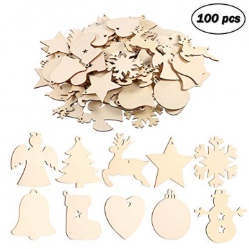 EKKONG 100 Stück Holz Christbaumschmuck, Weihnachtsbaum Deko,Weihnachtsanhänger,Weihnachtsbaumschmuck,Weihnachtsanhänger Deko, Christbaumschmuck Handwerkliche Verzierungen für Weihnachten - 1