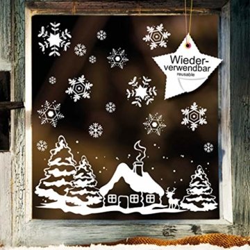 Fensterbild Weihnachten Fenstersticker Häuschen mit REH und Winterlandschaft WIEDERVERWENDBAR - 1