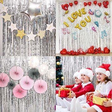 Gintan Metallic Tinsel Vorhänge,4 Stück Folie Fringe Shimmer Vorhang Fringe Vorhang Glitzer Lametta Vorhänge Geburtstag Dekorationen Party liefert Kit, Hochzeit Weihnachten Dekorationen (Silber) - 2