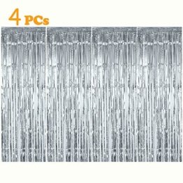 Gintan Metallic Tinsel Vorhänge,4 Stück Folie Fringe Shimmer Vorhang Fringe Vorhang Glitzer Lametta Vorhänge Geburtstag Dekorationen Party liefert Kit, Hochzeit Weihnachten Dekorationen (Silber) - 1