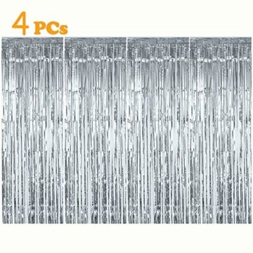 Gintan Metallic Tinsel Vorhänge,4 Stück Folie Fringe Shimmer Vorhang Fringe Vorhang Glitzer Lametta Vorhänge Geburtstag Dekorationen Party liefert Kit, Hochzeit Weihnachten Dekorationen (Silber) - 1