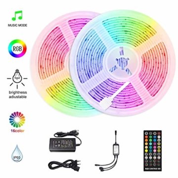 HoMii LED Streifen 10m - RGB LED Strips Sync mit Musik， IP65 Wasserdicht 300 LED 5050 SMD Farbwechsel LED Strip, 40 key Fernbedienung,16 single colors (10M) - 1