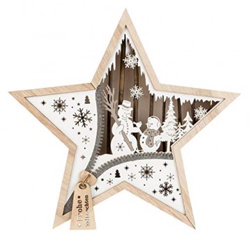 III Stern aus Holz mit LED Beleuchtung, Schneemann, ca. 32 x 32 x 5 cm, mit 6 Stunden Timer, batteriebetrieben, für Weihnachten, im Winter, als Stimmungslicht, Braun - 1