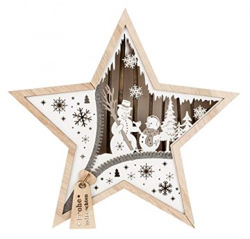 III Stern aus Holz mit LED Beleuchtung, Schneemann, ca. 32 x 32 x 5 cm, mit 6 Stunden Timer, batteriebetrieben, für Weihnachten, im Winter, als Stimmungslicht, Braun - 1
