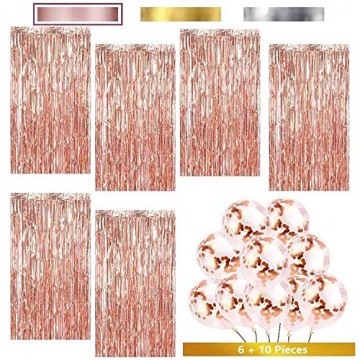 KYONANO Lametta Vorhänge, 6 STK Metallic Tinsel Vorhänge (1m x 2m) mit 10 STK Latex Konfetti Luftballon, metallischer Glanz Fransenvorhang, Glitzervorhang für Weihnachtsdeko Party Rosegold(16er/Set) … - 1