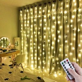 LED Lichtervorhang 3x3m IP65 Wasserfest 300 LEDs USB Lichterkettenvorhang mit 8 Lichtmodelle für Wohnzimmer innen Haus Schlafzimme Party Weihnachten Hochzeit Geburtstag Garten Fenster (Warmweiß) - 1