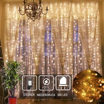 Led Lichtervorhang für Weihnachten 300 leds sterne Lichterkette weihnachtsdeko Innen Außen Garten Fenster deko Innenbeleuchtung warmweiß 3x3m - 1