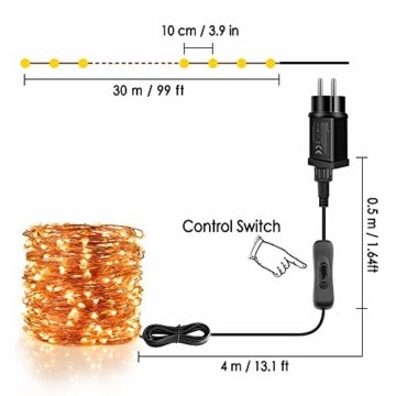 Lichterkette Moobibear 30M 300 LED Kupferdraht Lichterkette  Innen und Außen Wasserdicht Drahtlichterketten für Weihnachten Garten Terrasse Dekoration - Warmweiß - 3