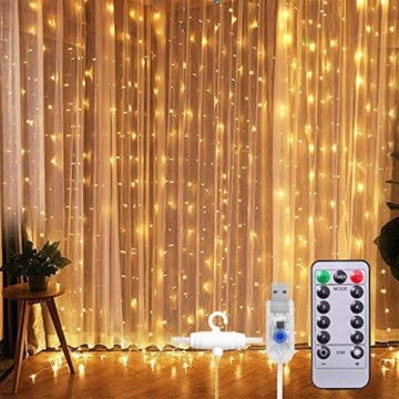 Lichtervorhang Vorhanglichter, Sunnest 300 LED USB Lichterkette Lichterkettenvorhang String Light Kupferlichterkette 8 Lichtmodi mit Fernbedienung Timer für Zimmer Innen und Außen Deko IP68 Warmweiß - 1