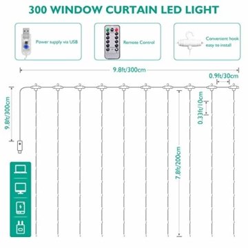 Lichtervorhang Vorhanglichter, Sunnest 300 LED USB Lichterkette Lichterkettenvorhang String Light Kupferlichterkette 8 Lichtmodi mit Fernbedienung Timer für Zimmer Innen und Außen Deko IP68 Warmweiß - 5